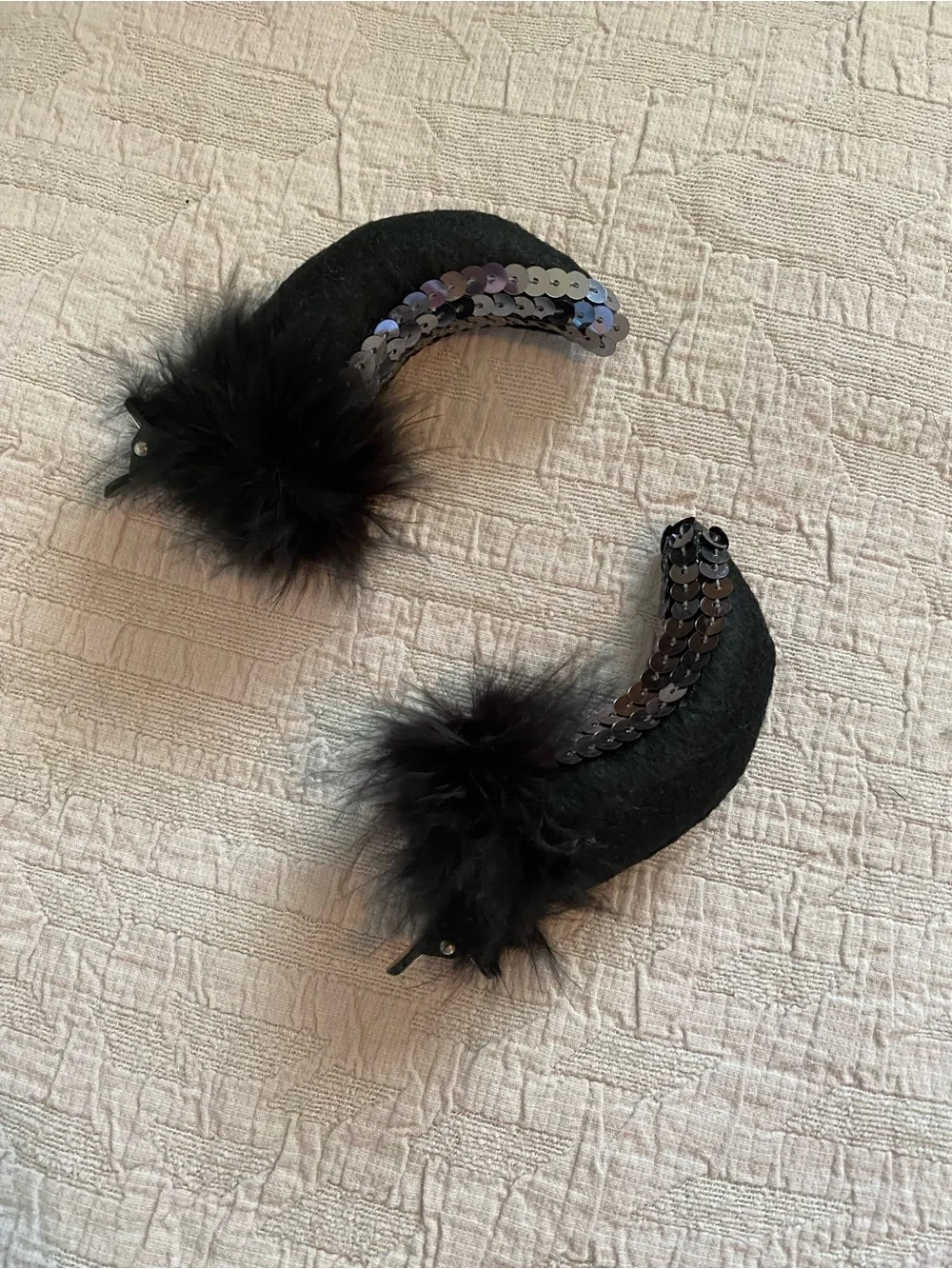 Black Sequin Horn and Feather Hair Clips